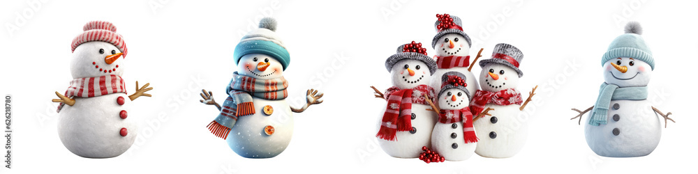 Set of snowman , Christmas and New Year decoration ,, isolated transparent background, PNG ,Generative ai Set of snowman , Christmas and New Year decoration ,, isolated transparent background, PNG ,Generative ai