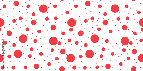 Trendy modern Avant-garde background. Simple seamless pattern with red Circles on white Backdrop. Wallpaper and bed linen print with naive round. Vector illustration.