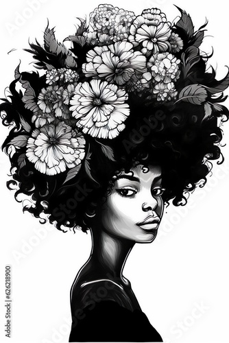Black and White Portrait beautiful African american Woman with Flowers.illustration Poster, Cover, panorama