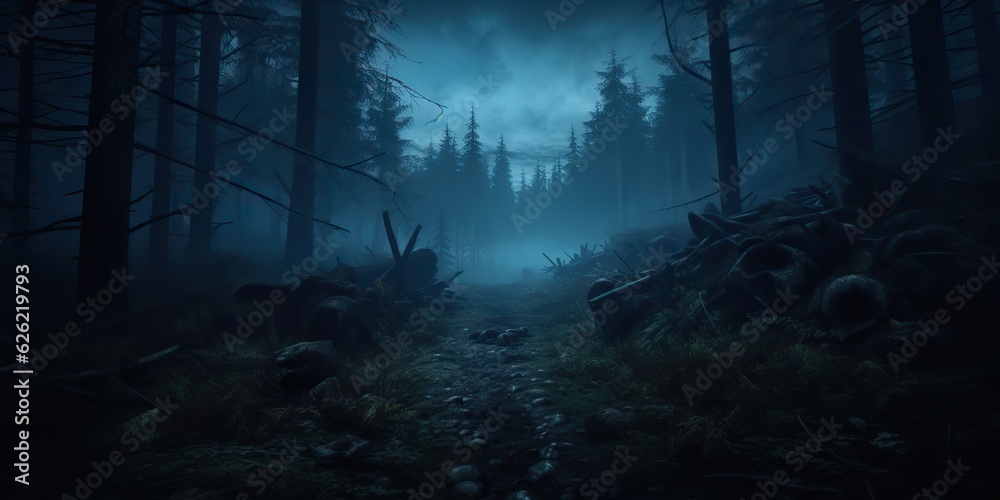 AI Generated. AI Generative. Mist magic fog night dark forest tree jungle landscape background. Scary nature outdoor adventure explore travel vibe style. Graphic Art AI Generated. AI Generative. Mist magic fog night dark forest tree jungle landscape background. Scary nature outdoor adventure explore travel vibe style. Graphic Art