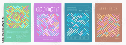 Set of brochure cover templates in geometric maze style. Bauhaus and memphis modern elements. Geometric abstract background. Vector graphic design for presentation, event poster, book cover, placard.