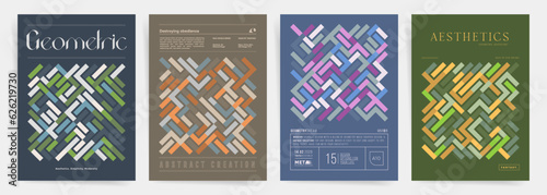 Colorful Maze Abstract Geometric Patterns with Random Geometric Linear Particles. A4 Posters Set, Perfect for Wall Art and Print Designs, Brochure, Presentation, Book or Magazine Cover. 