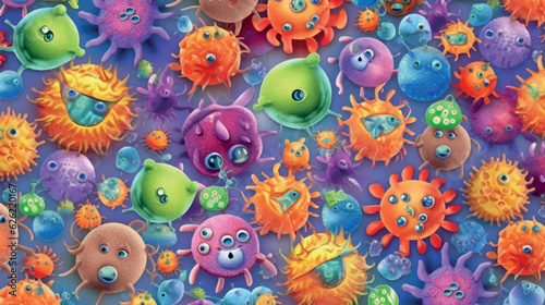 Cartoon viruses pattern for printing on fabric, paper, medical accessories. Medical print viruses. Funny viruses and bacteria printable vector pattern. 
