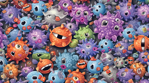 Cartoon viruses pattern for printing on fabric, paper, medical accessories. Medical print viruses. Funny viruses and bacteria printable vector pattern. 