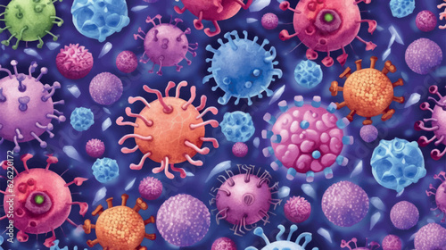 Cartoon viruses pattern for printing on fabric, paper, medical accessories. Medical print viruses. Funny viruses and bacteria printable vector pattern. 