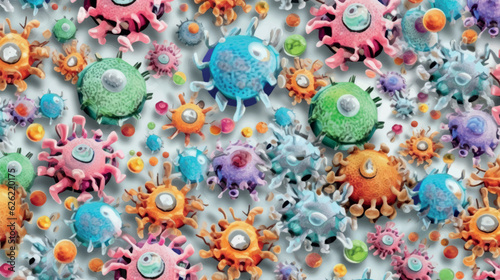 Cartoon viruses pattern for printing on fabric, paper, medical accessories. Medical print viruses. Funny viruses and bacteria printable vector pattern. 