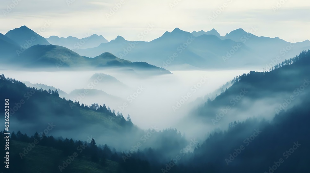 a foggy valley with trees and mountains in the background