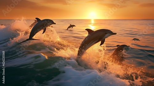 a group of dolphins jumping out of the water at sunset photo