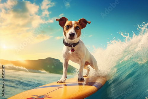 dog surfing on a surfboard wearing sunglasses at the ocean shore Generative AI © Nataliia