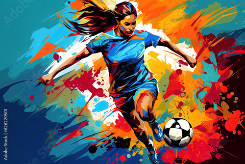 Woman football player in sportwear in action, abstract background with space for text. Concept of healthy lifestyle, sport, motion, movement.