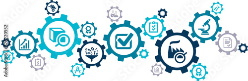 Quality management vector illustration. Blue concept with icons related to ISO, quality assurance, QM, product standards, warranty & customer satisfaction, operating regulations & certification, audit