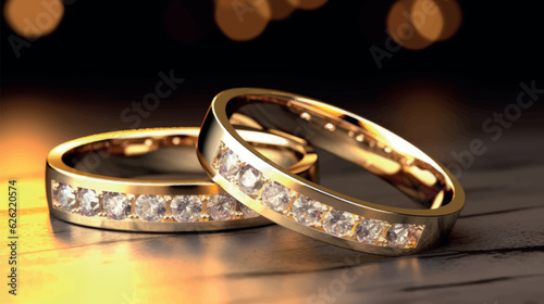 Wedding rings with diamond.  Wedding postcard. Banner wedding rings vector illustration. Gold wedding rings with brilliant. Jewelry vector.