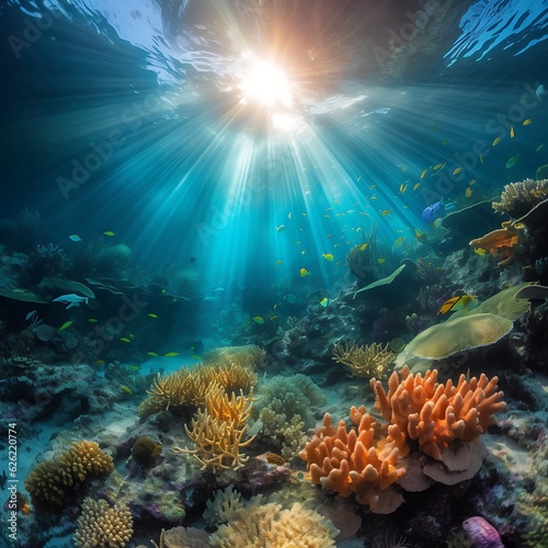 A breathtaking underwater world, filled with vibrant coral reefs, exotic fish, and rays of sunlight piercing the depths - Generative AI