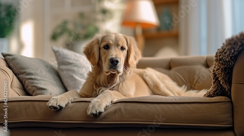 Adorable Golden Retriever dog on sofa