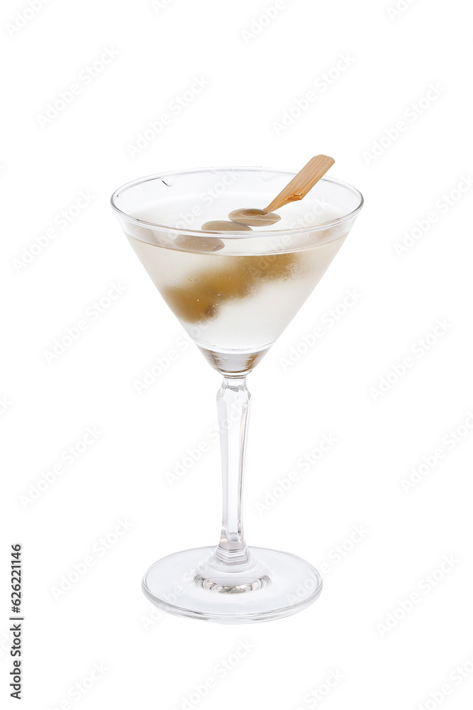 Martini cocktail with olives in a glass isolated on white background.