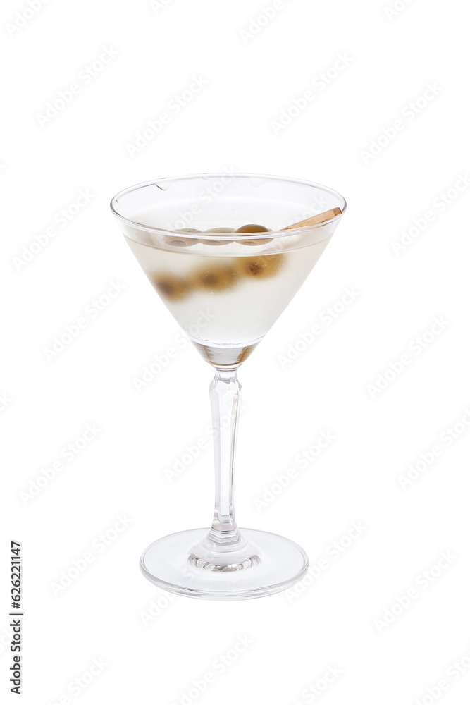 Martini cocktail with olives in a glass isolated on white background.