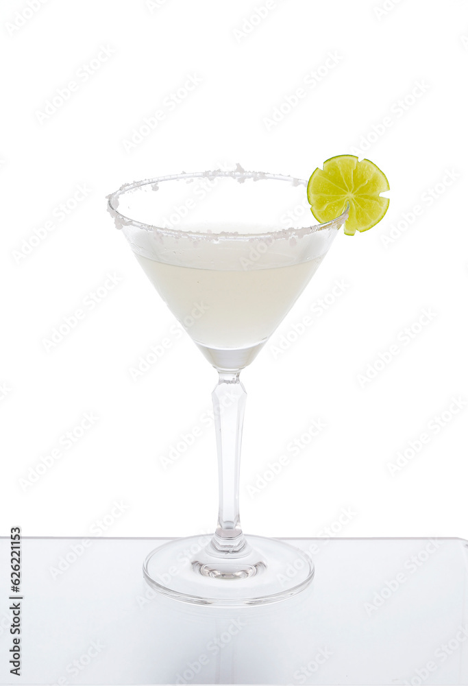 Margarita cocktail in a glass on a mirror counter bar isolated on white background, lemon slices and salt on the rim.