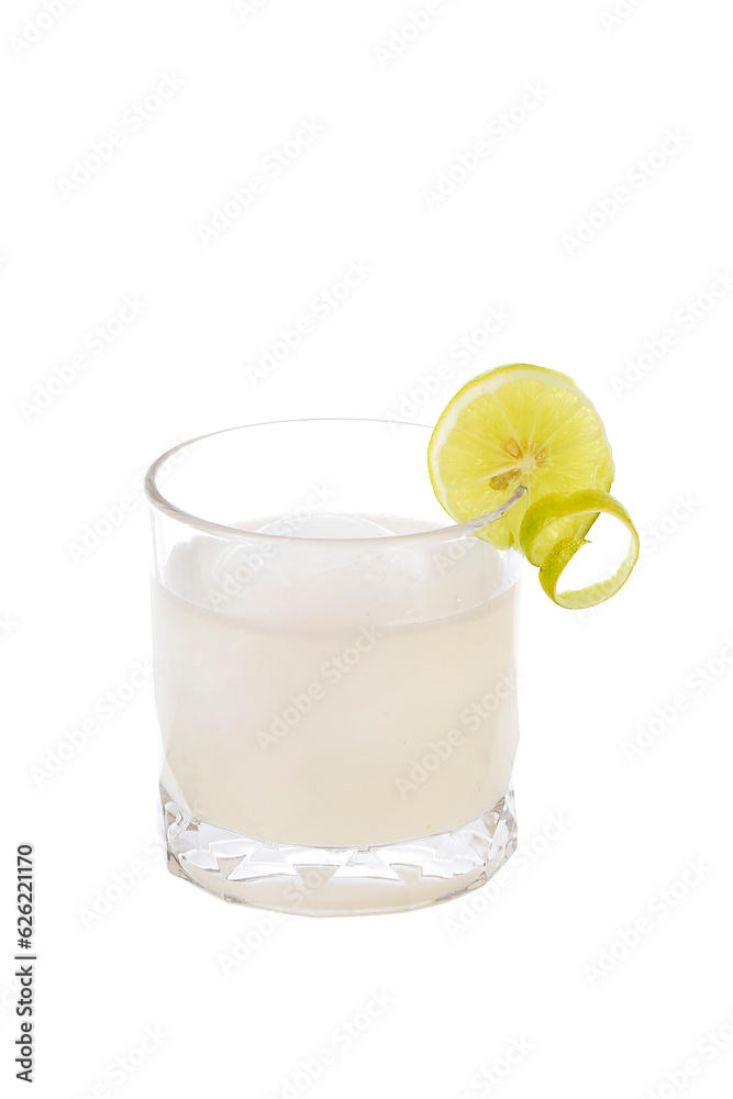 Cocktails and ice spheres (round shape) in glasses with sliced lemon isolated on white background. Cocktails and ice spheres (round shape) in glasses with sliced lemon isolated on white background.