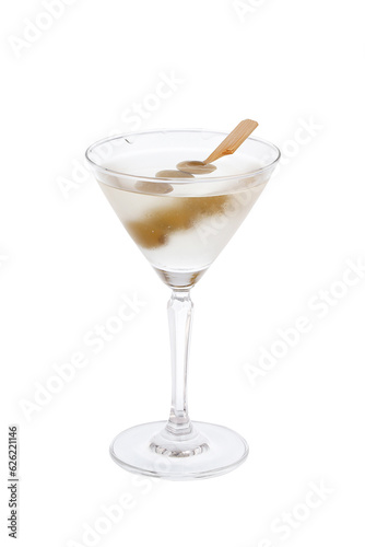 Martini cocktail with olives in a glass isolated on white background.