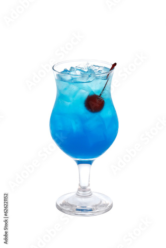 Blue cocktail with ice and cherry in a Poco Grande Glass isolated on white background. Mermaid mule cocktail.