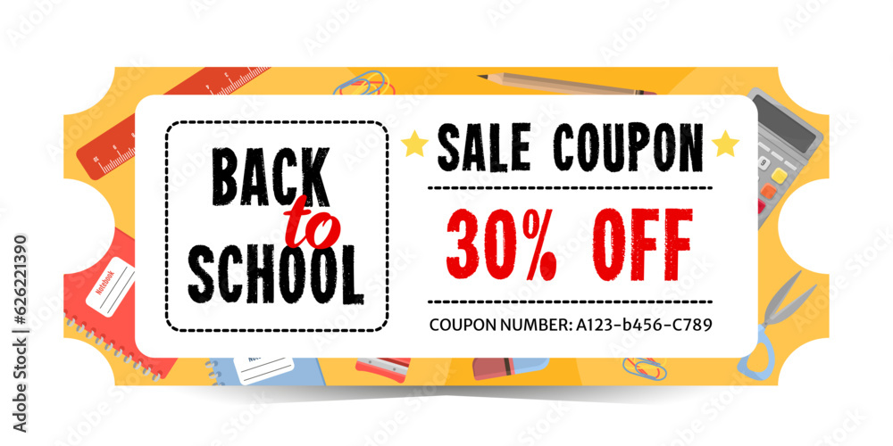 Obraz premium 30% discount coupon template for the back to school sale. Coupon for the purchase of office and school supplies. Isolated on a white background.