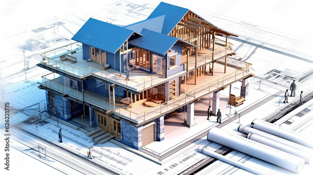 Fototapeta premium Building house on blueprints - construction project.