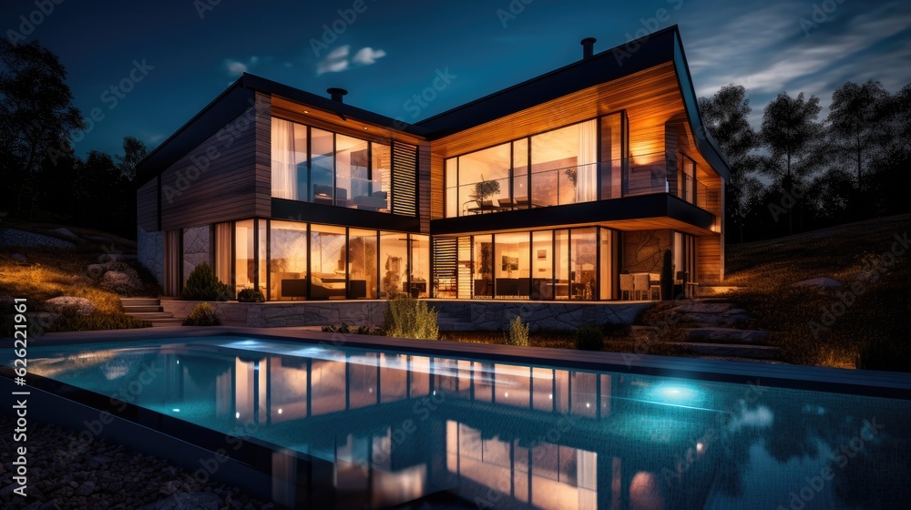Luxury home with swimming pool at night. Generative AI Luxury home with swimming pool at night. Generative AI