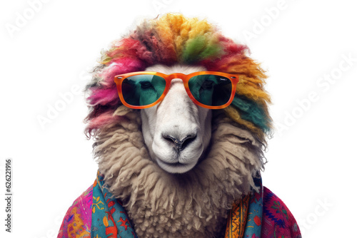Abstract of fashion style sheep wearing sunglasses portrait isolated on clean png background, sheep fur multi colored colorful on skin body  and hairs paint, with Generative AI. © TANATPON