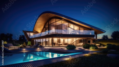 Luxury home with swimming pool at night. Generative AI