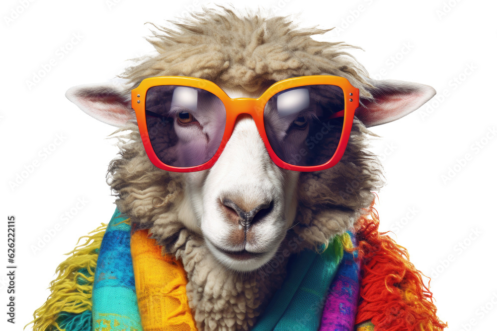 Abstract of fashion style sheep wearing sunglasses portrait isolated on clean png background, sheep fur multi colored colorful on skin body  and hairs paint, with Generative AI.