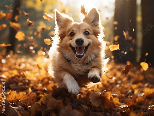 Funny happy cute dog puppy running, smiling in the leaves. Golden autumn fall background. Generative ai