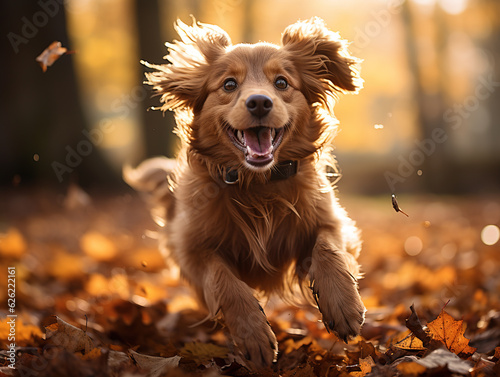 Fotografia Funny happy cute dog puppy running, smiling in the leaves