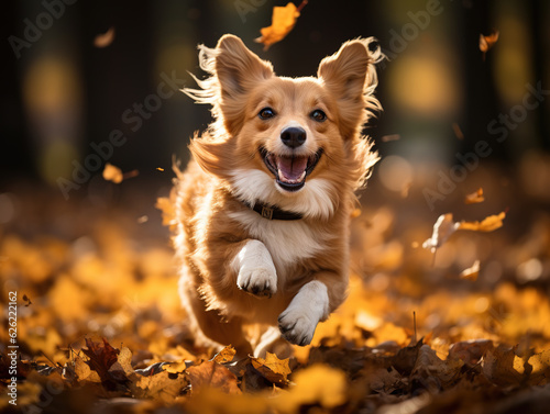 Funny happy cute dog puppy running, smiling in the leaves. Golden autumn fall background. Generative ai