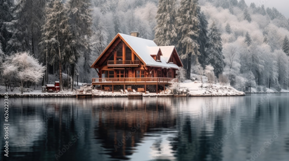 Fototapeta premium Beautiful wooden house near lake in winter