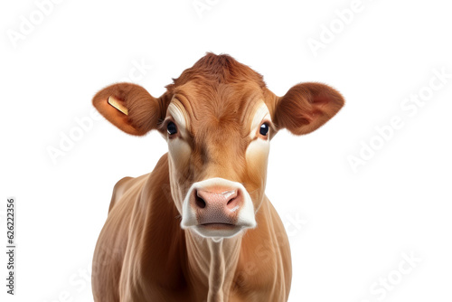 Brown Cow or bullock farm portrait looking at camera isolated on clear png background, funny moment, Farmland animals concept, with Generative Ai. © TANATPON