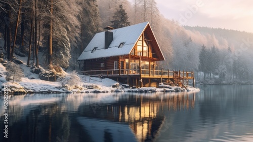 Beautiful wooden house near lake in winter