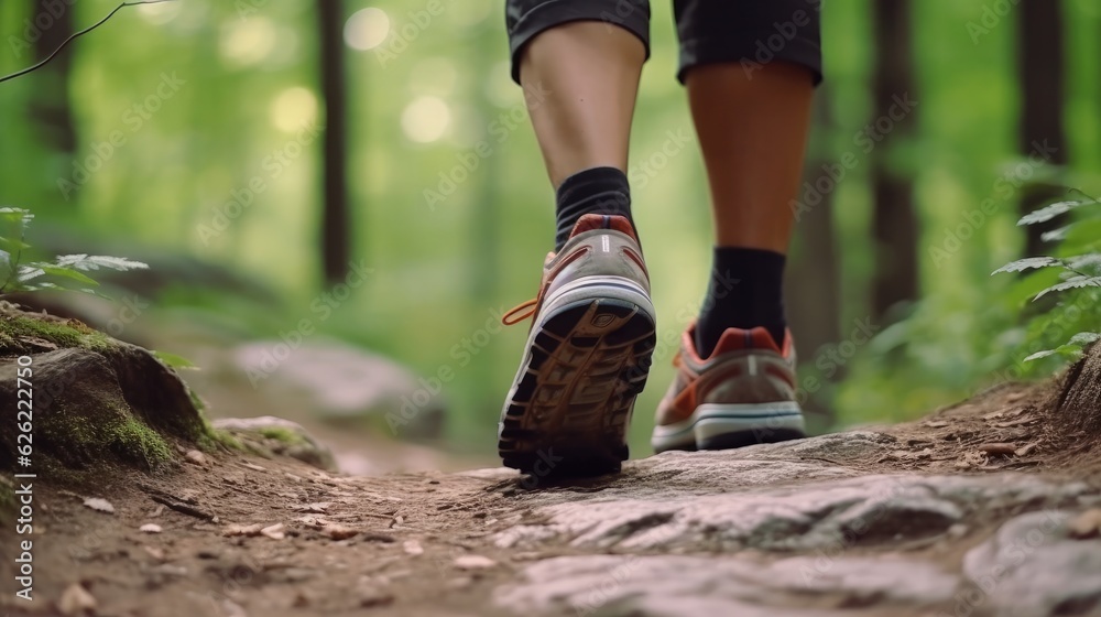 Close-up of a man in sports shoes walking in a city park