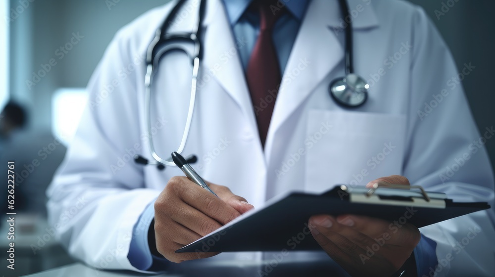 Male medicine doctor holding a pen and writing something on a clipboard Male medicine doctor holding a pen and writing something on a clipboard