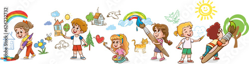 Kindergarten. Boys and girls drawing picture doodles on the walls. Children draw with felt tip, paints and crayons.