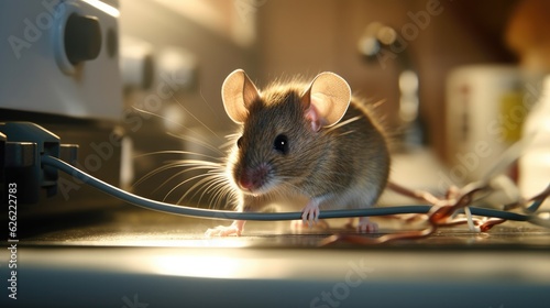 Close up mouse sits near chewed wire in an apartment kitchen