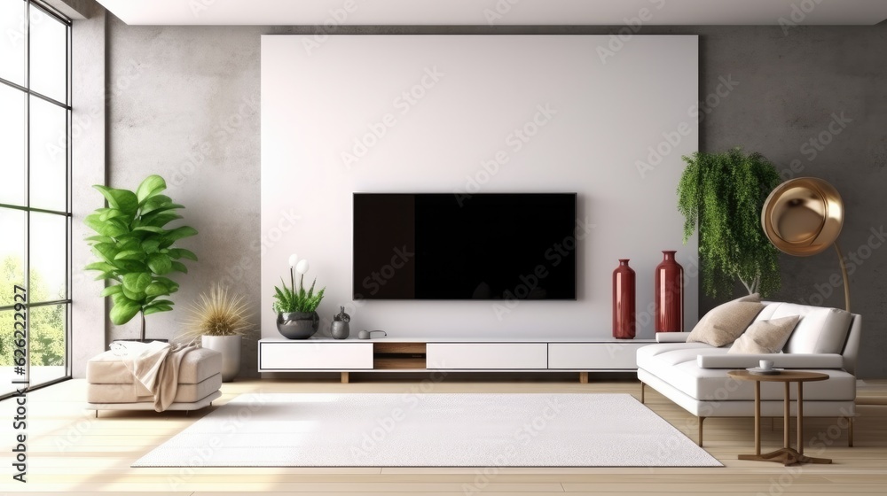 TV with blank screen in stylish home living room TV with blank screen in stylish home living room