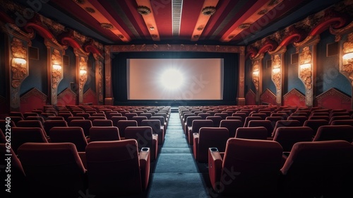 Empty movie theatre interior with screen and seats