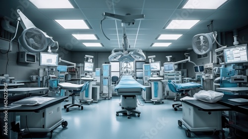 Empty operating room with medical equipment