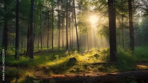 Forest panorama with rays of sunlight. Generative AI