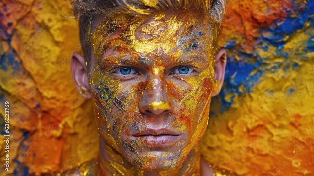 Man portrait with colorful face powder . Generative AI	