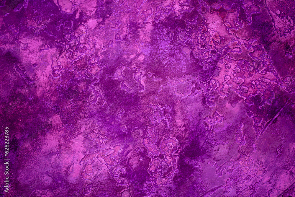 Background from decorative plaster with abstract patterns and stains. Fancy red and pink decoration wall texture, creative purple surface background. Finishing coating for building cladding.