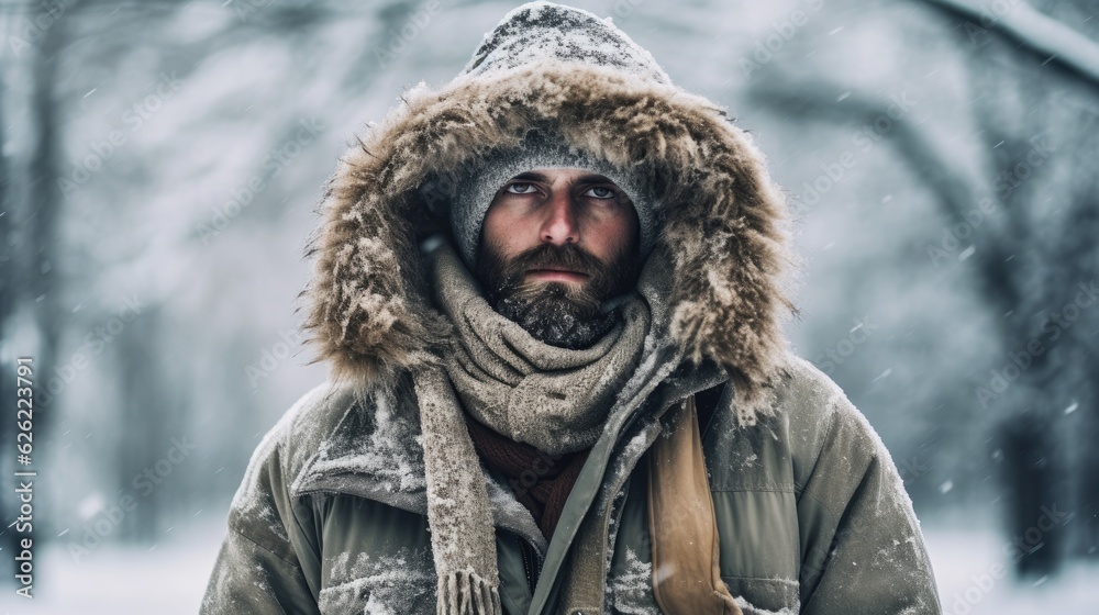 Man in parka, hat and scarf frozen from the cold Man in parka, hat and scarf frozen from the cold