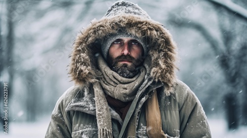 Man in parka, hat and scarf frozen from the cold