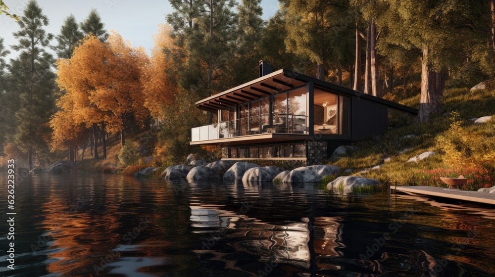 Obraz premium Modern cabin house floating above the lake