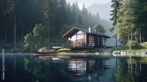Modern cabin house floating above the lake
